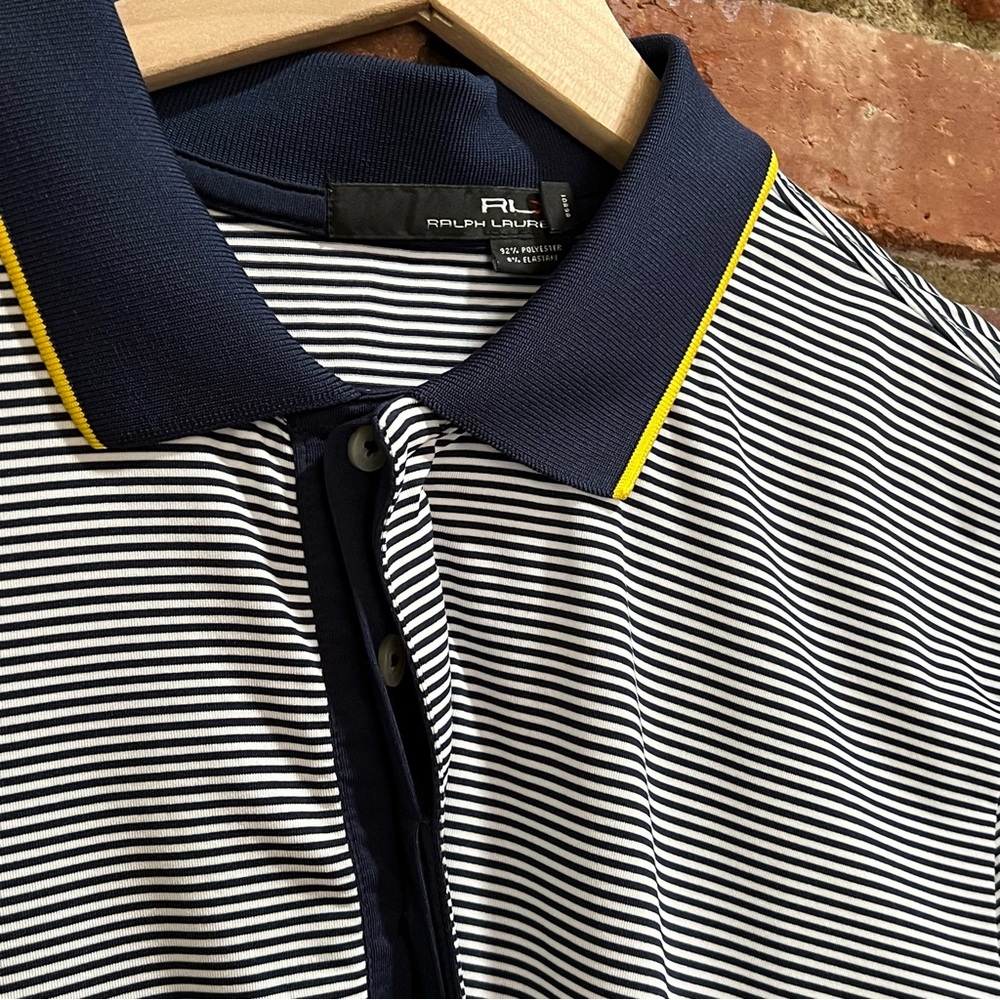 RLX Ralph Lauren men's navy striped polo with navy/yellow collar medium golf - Picture 4 of 12